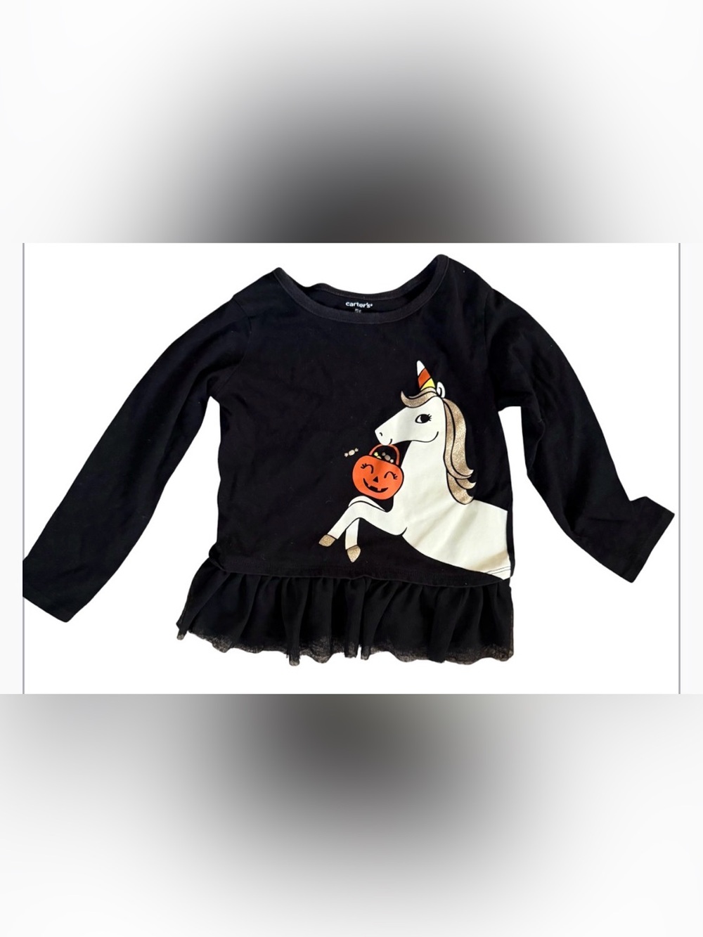 Carter's Black glow in theUnicorn Halloween longsleeve shirt with Orange Pumpkin